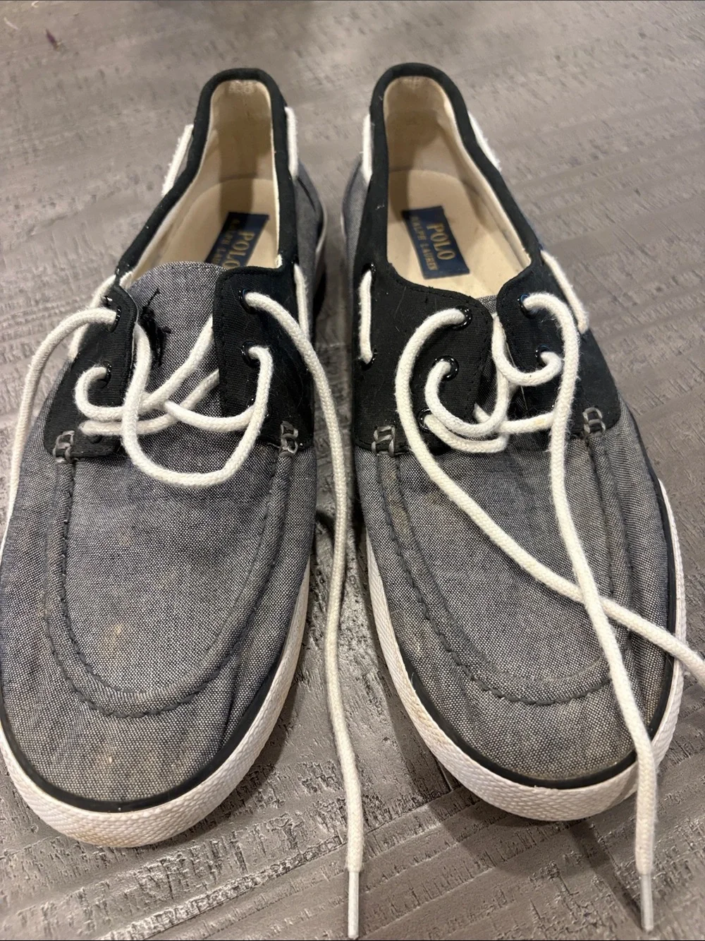 Polo by Ralph Lauren Denim like canvas and Navy Trim Boat Shoes with White Laces